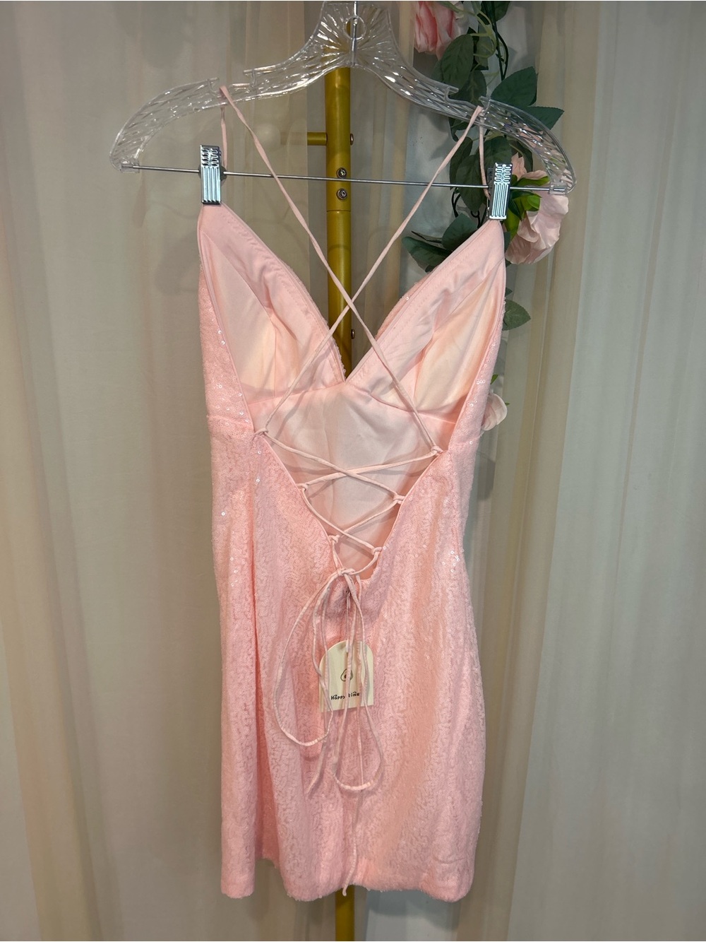 Happy Times Pink Sequin Lace-Up Back Mini Dress Size 4 NWT Party Homecoming - Picture 5 of 8